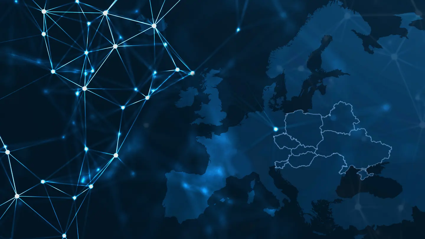 A map of Europe superimposed with network nodes